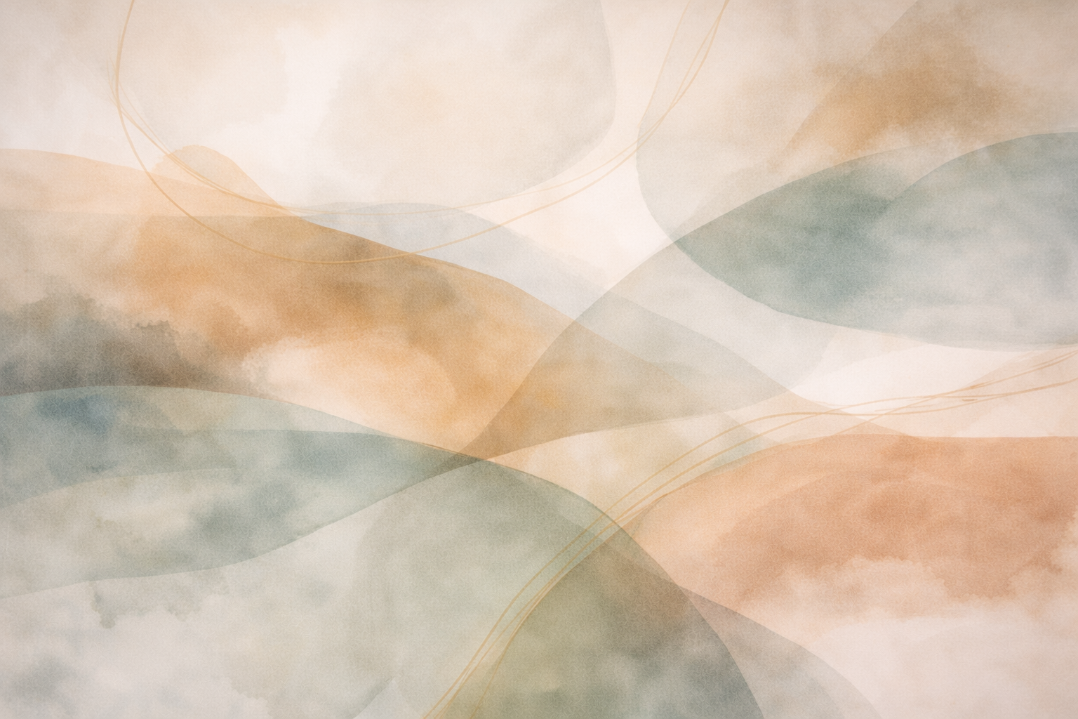 Soft abstract watercolor artwork with layered neutral tones, sage green shapes, and gentle flowing forms, creating a calm and reflective atmosphere